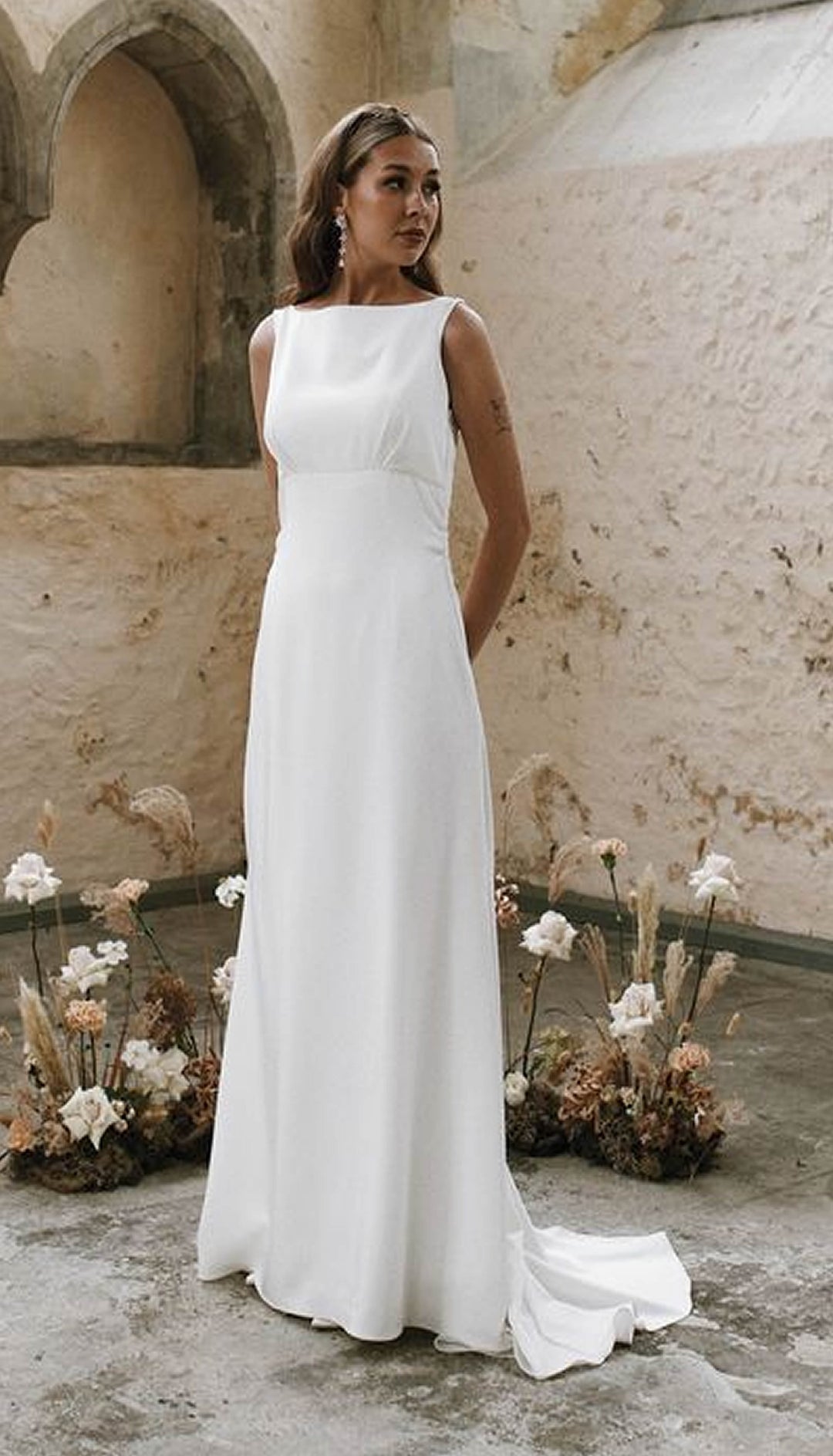 Boat Neck Cap Sleeve Crepe Sheath Wedding Dress High Neck Crepe