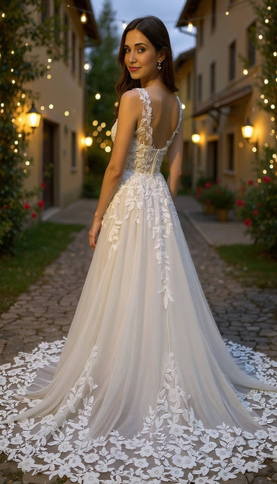 wedding dress with lace on the train
